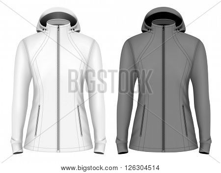 Softshell hooded jacket for lady. Fully editable handmade mesh. Vector illustration.
