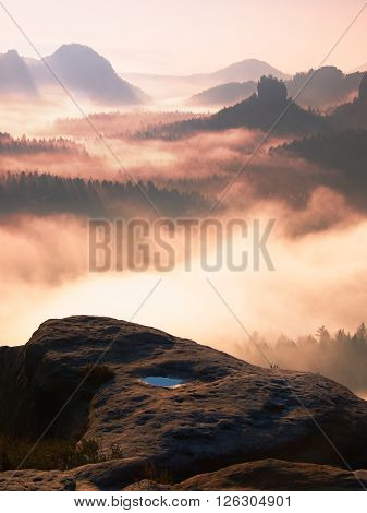 Dreamy Misty Landscape. Majestic Mountain Cut The Lighting Mist. Deep Valley Is Full Of Colorful Fog