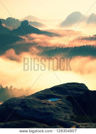 Dreamy Misty Landscape. Majestic Mountain Cut The Lighting Mist. Deep Valley Is Full Of Colorful Fog