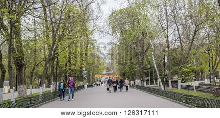 ROSTOV-ON-DON RUSSIA- APRIL 11- In the spring Gorky Park citizens walk and rest on the benches on April 11; 2016 in Rostov-on-Don