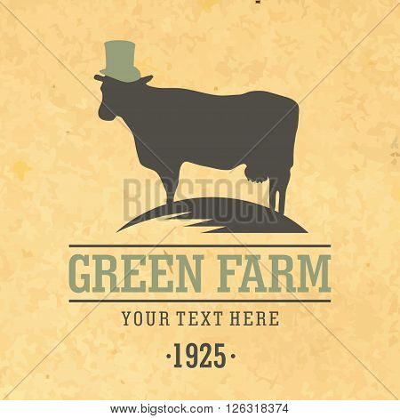 Modern vector illustration. Friendly animal characters, who live on a farm. Green Farm logo template. Character Cow for branding or packaging.