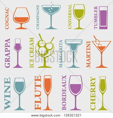 Set of Alcohol Drinks icons. Tumblers set for alcohol drinks cocktails and ice cream. Vector illustration