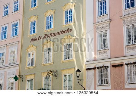 Salzburg Austria - January 07 2016: Facade of the oldest pharmacy located on Alter Markt square historic centre of the city