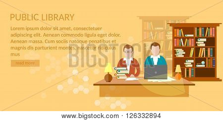 Public Library banner students read book vector illustration