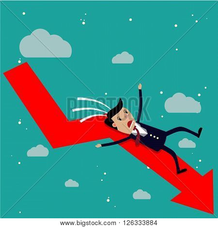 cartoon businessman falling from the red chart arrow. Loser, broke concept. vector illustration in flat design on green background