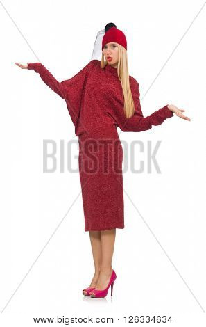 Woman in bordo dress isolated on white