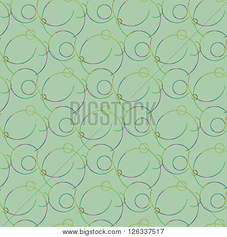 Abstract geometric seamless background. Modern regular circles pattern overlapping with multicolored outlines on pale green.