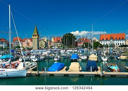 LINDAU, GERMANY - JUNE 11: Boats at port of Lindau harbour, Lake Constance, Bavaria, June 11 2014 in Lindau, Germany