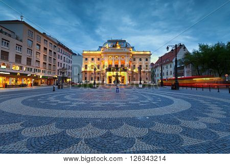 BRATISLAVA, SLOVAKIA - APRIL 18, 2016: National theatre in Hviezdoslav square in the old town of Bratislava on April 18, 2016.