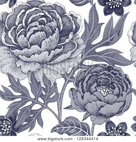 Floral seamless pattern for fabrics textiles wallpaper paper. Vector. Garden flowers peonies. Design Victorian style. Black and white.