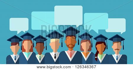 Student Group Graduation Gown Cap With Chat Box Flat Vector Illustration