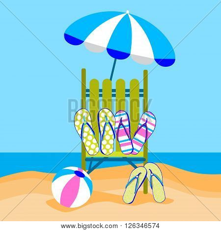 Summer Beach Vacation Sunbed With Umbrella Ball Flip Flops Sand Tropical Travel Flat Vector Illustration