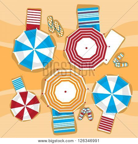 Summer Beach Vacation Sunbed With Umbrella  Sand Tropical Travel Top Angle View Flat Vector Illustration