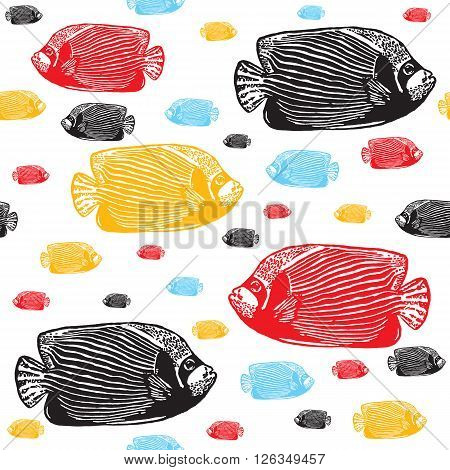 Emperor angelfish colourful seamless vector pattern. Realistic engraved colourful style of fishes on white background.
