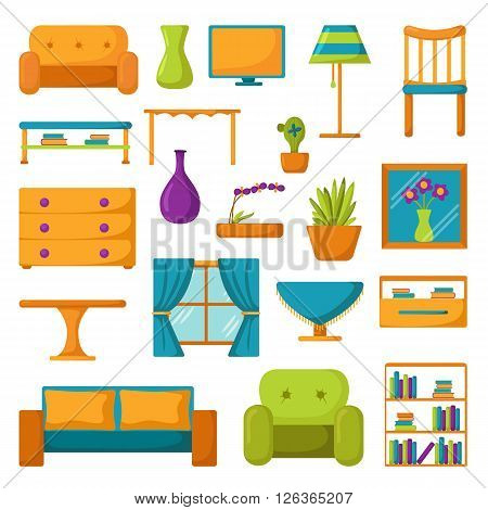 Living room interior. Living room furniture. Set of vector cartoon living room icons. Vector indoor design. Cartoon colorful furniture. Home living room design. Modern furniture for house interior