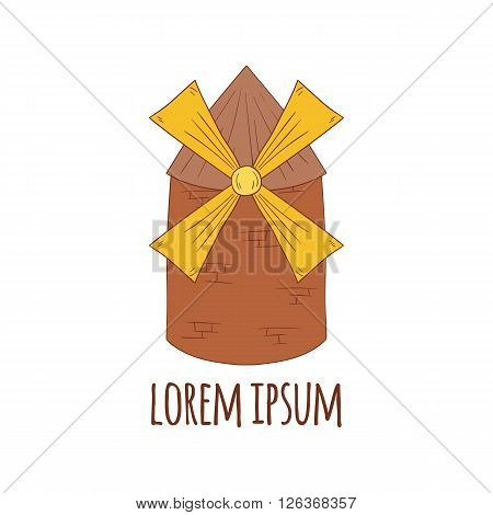 Vector illustration with bread mill. Cartoon hand drawn bread mill concept. Flour bread production concept with bread mill. Hand drawn windmill. Old farm building for bread production