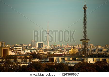 Skyline of Berlin with TV tower in evening sunlight
