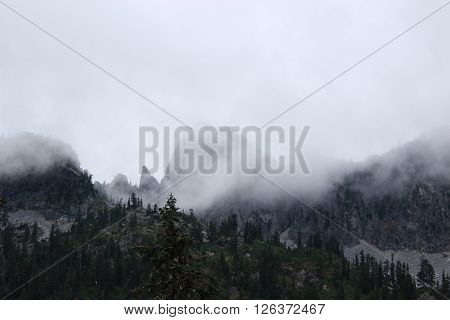 Foggy mountains in Snow Lake, Washington State.