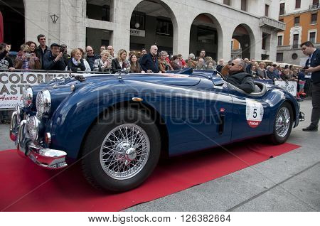 BRESCIA, ITALY - APRILE 17, 2016:500 Miglia. Finish. JAGUAR XK140, 1954 built