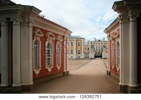 Rundale Latvia - September 10 2011: Rundale palace entrance. A baroque palace is standing in the suburbs of Rundale Latvia. It was built in the middle of the 18th century as a residence of the Duke of Courland.