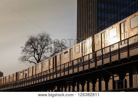 Berlin metro on a steel bridge in the city