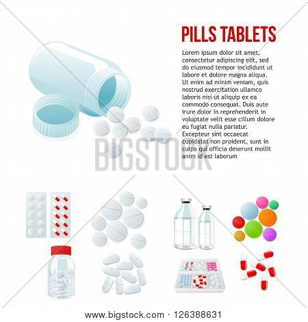 Jar with pills, different pills and white and color on a white background, vector illustration with a set of drugs, colorful products. Bottles and boxes with colored vitamins. Things to human health