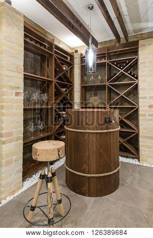 Modern wooden winery or wine cellar in luxury home