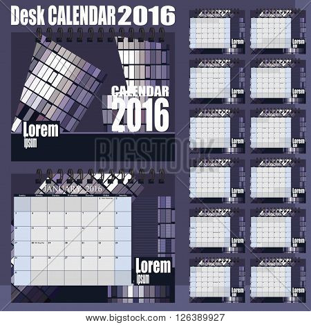 Desk Calendar 2016 Vector Design Template. Set of 12 Months. Week Starts Monday - gray purple