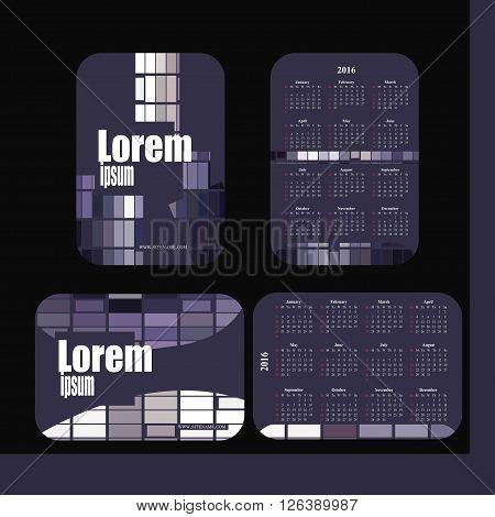 pocket calendar 2016. Template calendar grid. Vertical horizontal orientation of days of week. Illustration in vector format - gray purple