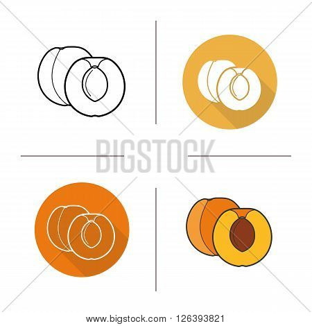 Apricot flat design, linear and color icons set. Apricot fruit in different styles. Halved apricot icons. Long shadow logo concept. Isolated vector apricot illustrations. Infographic elements