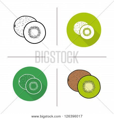 Kiwifruit flat design, linear and color icons set. Ripe sliced kiwi icons. Sweet tropical berry. Organic food. Long shadow logo concept. Isolated kiwifruit vector illustrations. Infographic elements