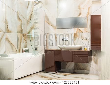 Sink And Mirror In Modern Bathroom Interiror