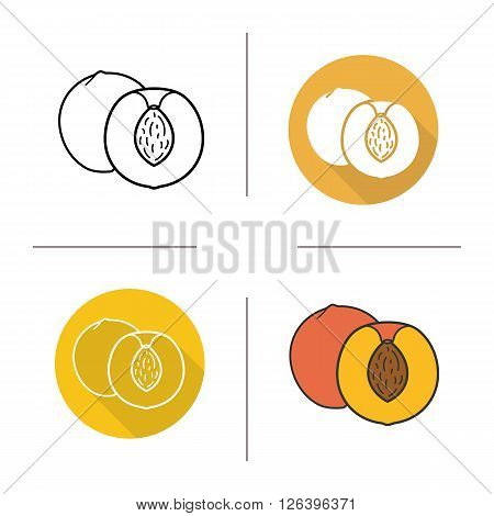 Peach flat design, linear and color icons set. Ripe sliced peach icons. Sweet tropical fruit. Organic food. Long shadow logo concept. Isolated peach vector illustrations. Infographic elements