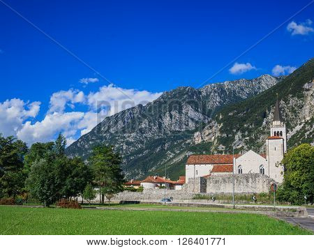 View to church in Dolomite mountains. Italian Alps