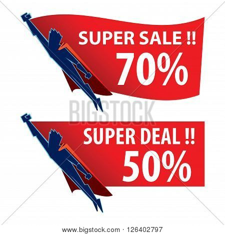 Vector stock of sale and discount promo label with superhero character
