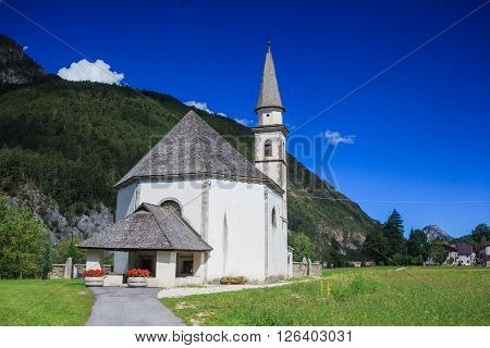 View to church in Dolomite mountains. Italian Alps