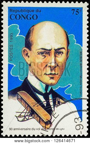 MOSCOW RUSSIA - APRIL 15 2016: A stamp printed in Congo shows Portrait of Wilbur Wright series 