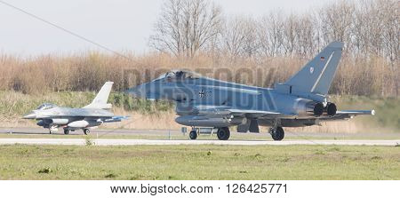 Leeuwarden, Netherlands - April 11, 2016: German Air Force Eurofighter During The Exercise Frisian F