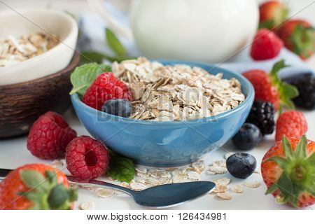 Rolled oats in a bowl with berries and milk on wood
** Note: Shallow depth of field