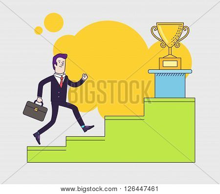 Businessman with suitcase climbing the stairs of success to get the winner of the cup. Flat style vector illustration