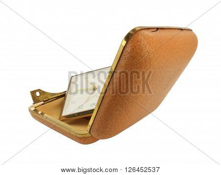 Wide Angle of Broken Old Travel Clock isolated on white with clipping path