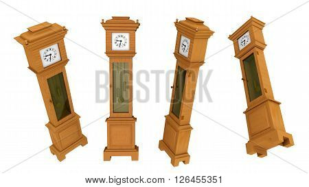 Computer generated 3D illustration with a longcase clock in various positions isolated on white background