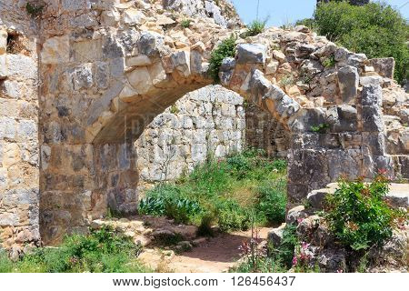 Montfort Castle ruins in northern Israel. Arched passageway through the halls.