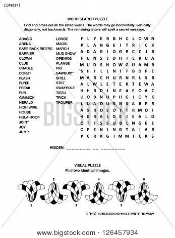 Puzzle page with two brain games: word search puzzle (English language) and visual puzzle.  Black and white, A4 or letter sized. Answer included.