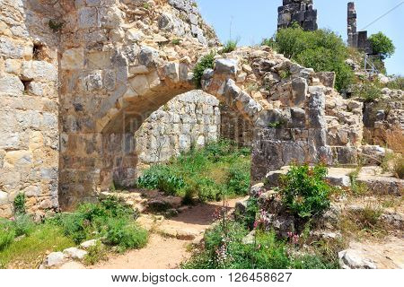 Montfort Castle ruins in northern Israel. Arched passageway through the halls.