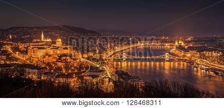 Panoramic View of Budapest with Street Lights and the Danube River at Twilight as Seen from Gellert Hill Lookout Point