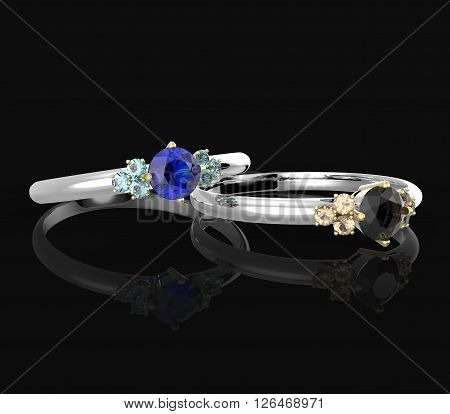 Wedding rings with diamonds on a black background. Fashion jewelry. 3d digitally rendered illustration