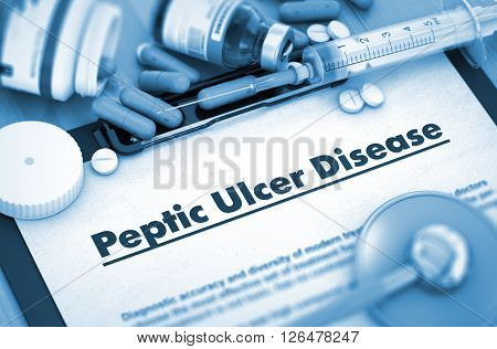 Peptic Ulcer Disease - Medical Report with Composition of Medicaments - Pills, Injections and Syringe. 3D.