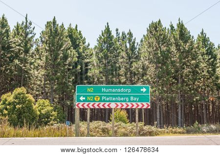 Road sign for roads N2 and R102 between Storms River and Woodlands in the Eastern Cape Province