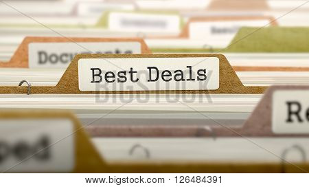 Folder in Colored Catalog Marked as Best Deals Closeup View. Selective Focus. 3D Render.